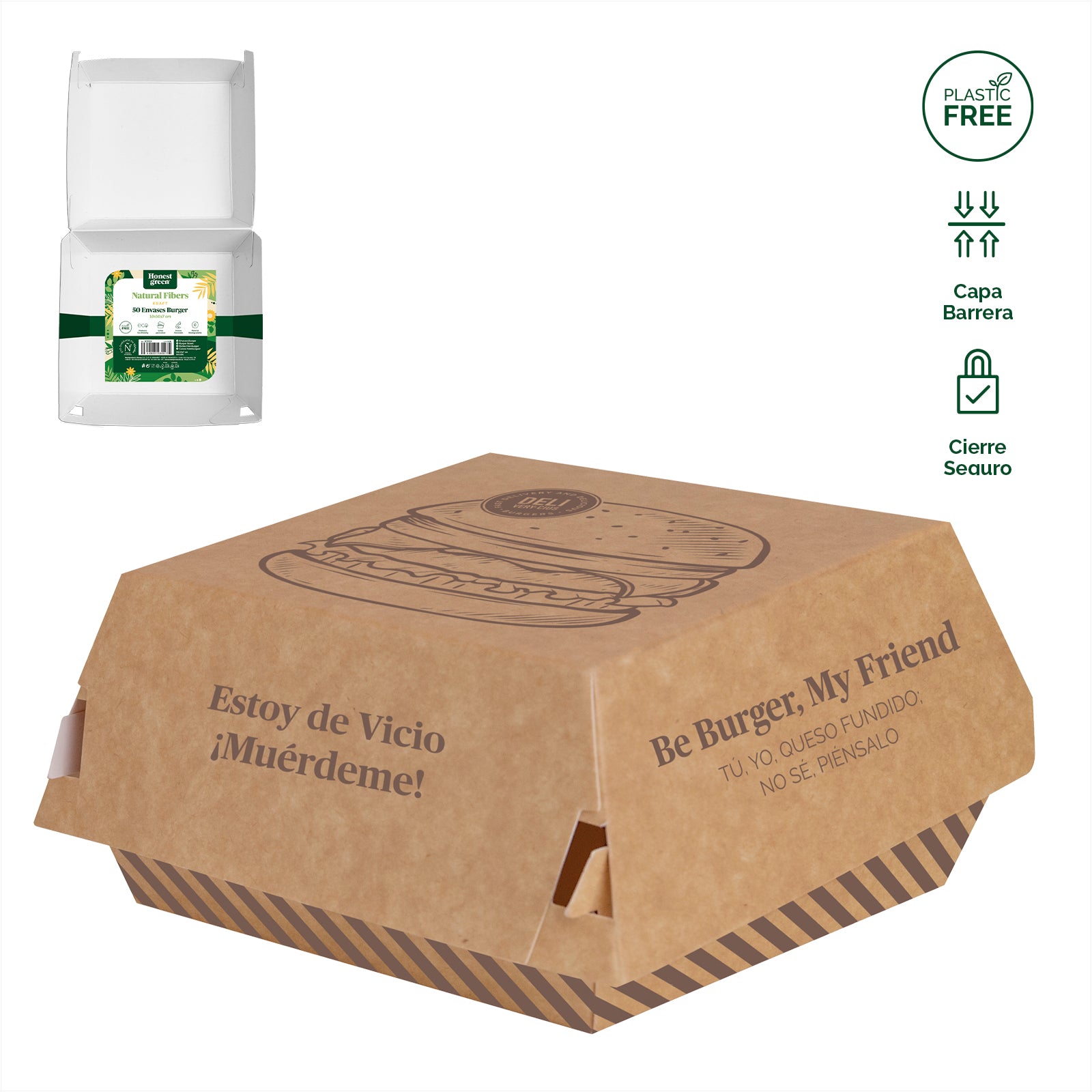 Caja Hamburguesa Cartón Pequeña 10 x 10 x 7 cm Estampada Kraft - Take Away