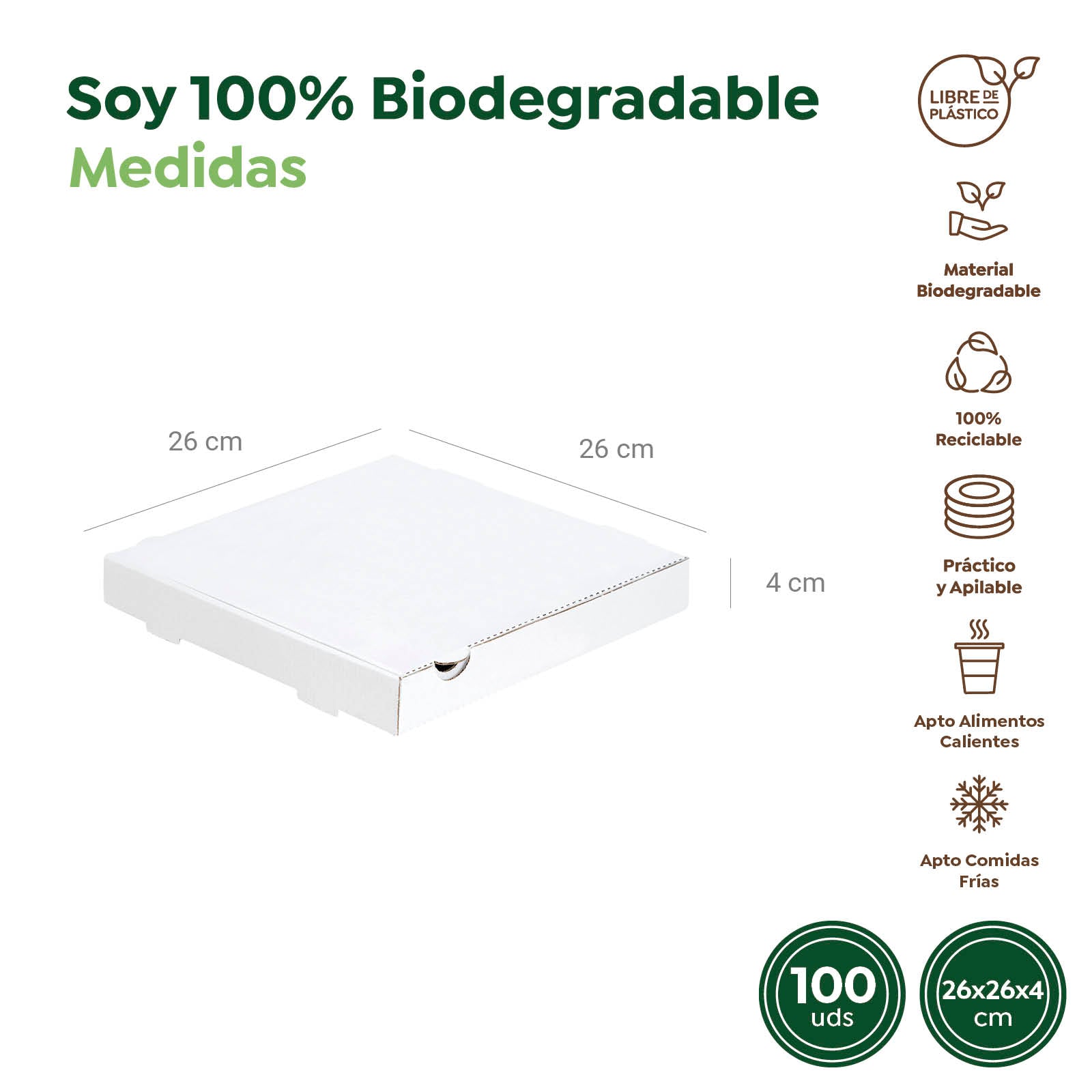 Caja Pizza Cartón Mini 26 x 26 x 3,5 cm Blanco - Take Away 100 Uds