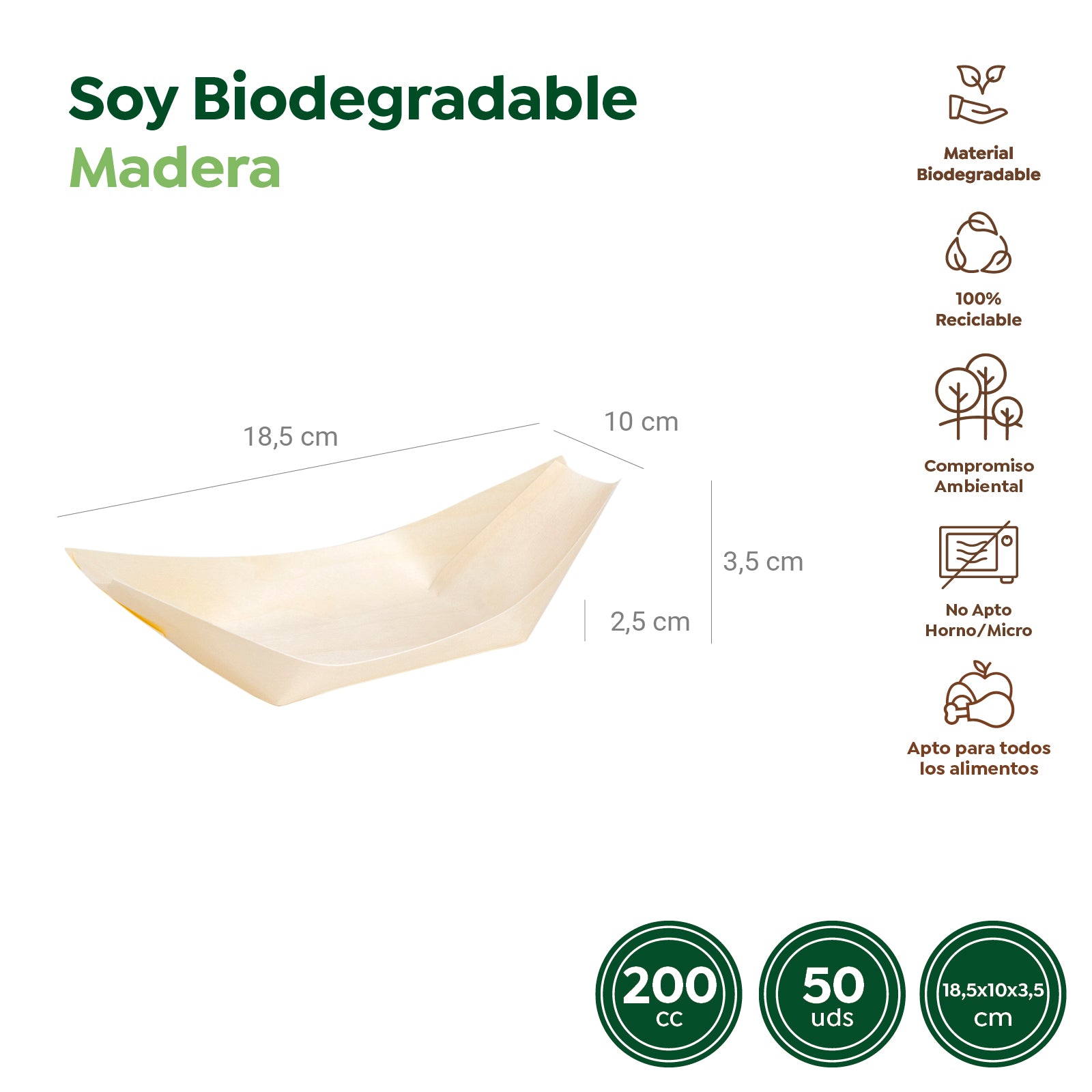 Barquilla Rectangular Madera Mediana 18,5 x 10 x 3,5 cm - Take Away