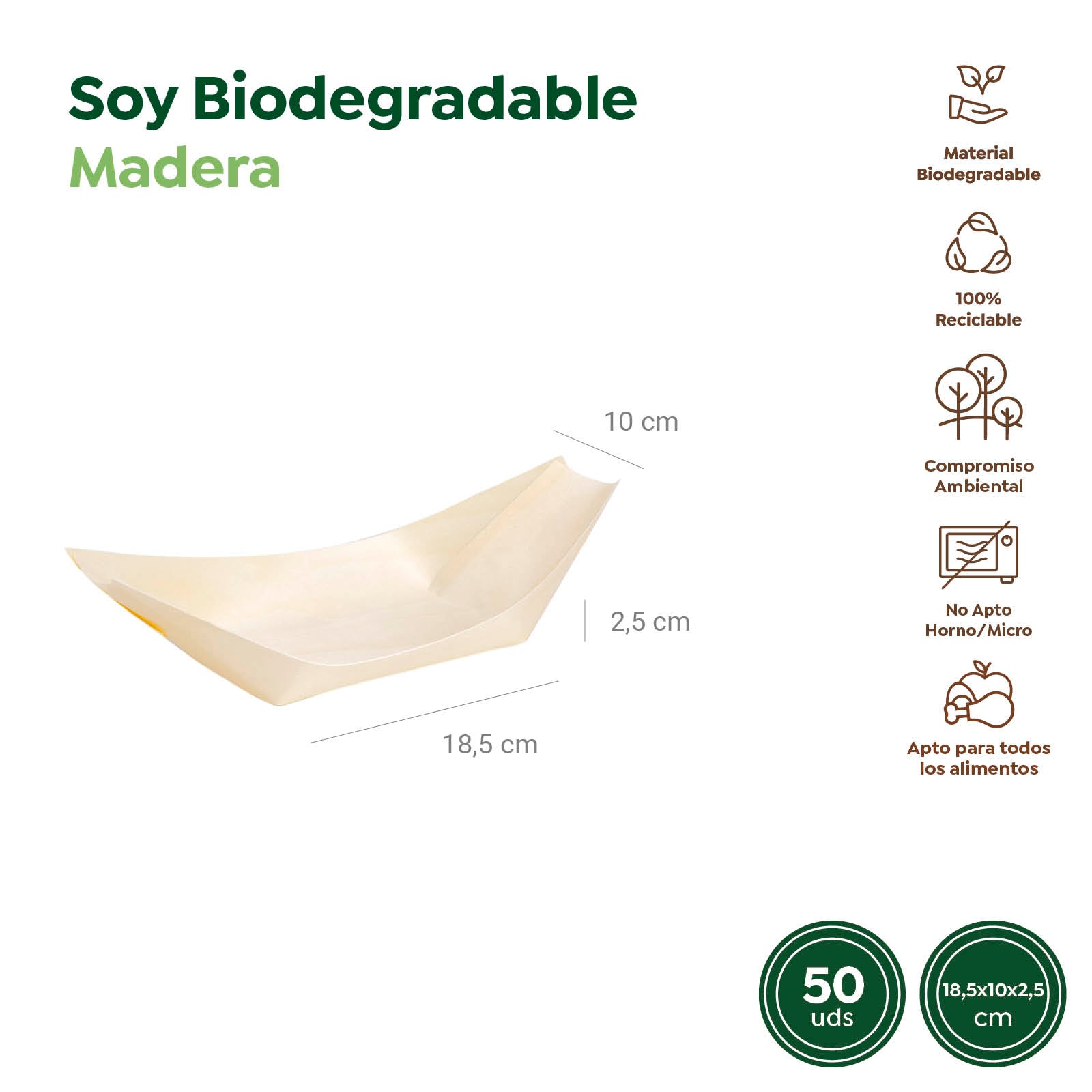 Barquilla Rectangular Madera Mediana 18,5 x 10 x 2,5 cm - Take Away