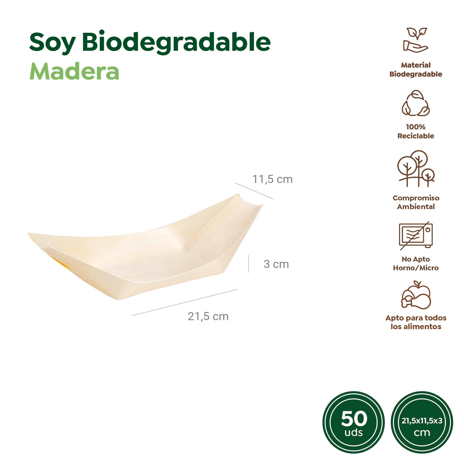 Barquilla Rectangular Madera Mediana 21,5 x 11,5 x 3 cm - Take Away