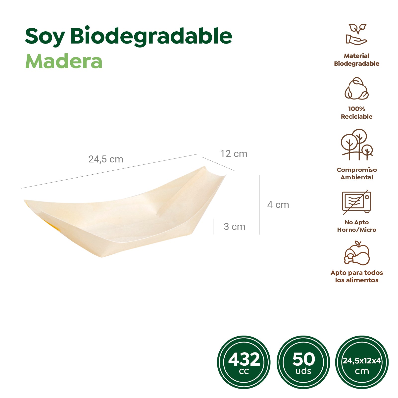 Barquilla Rectangular Madera Grande 24,5 x 12 x 4 cm - Take Away