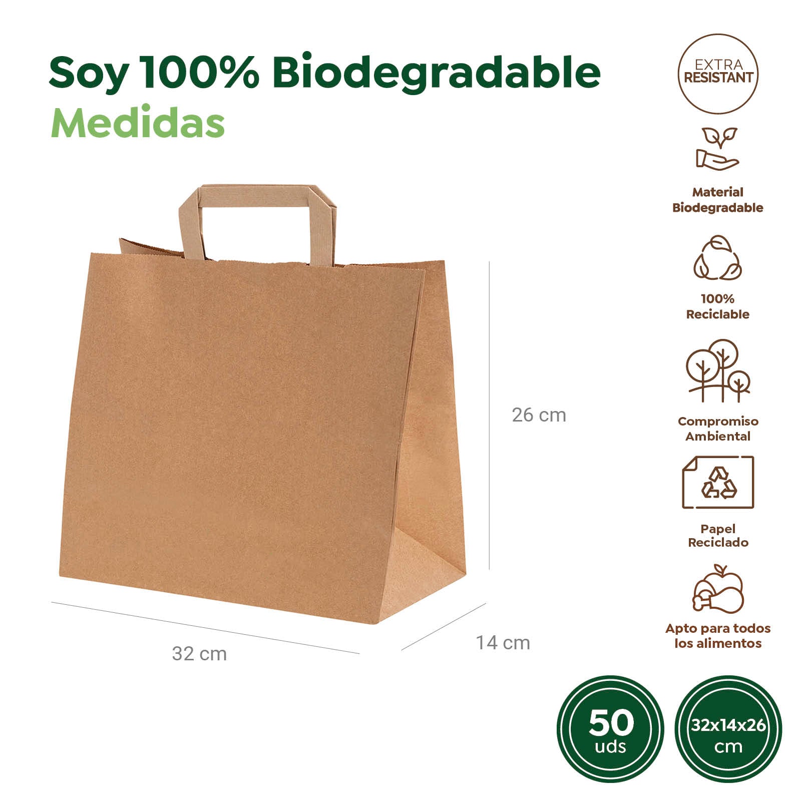 Bolsa Papel Mediana Kraft 32 x 14 x 26 cm con Asa Plana