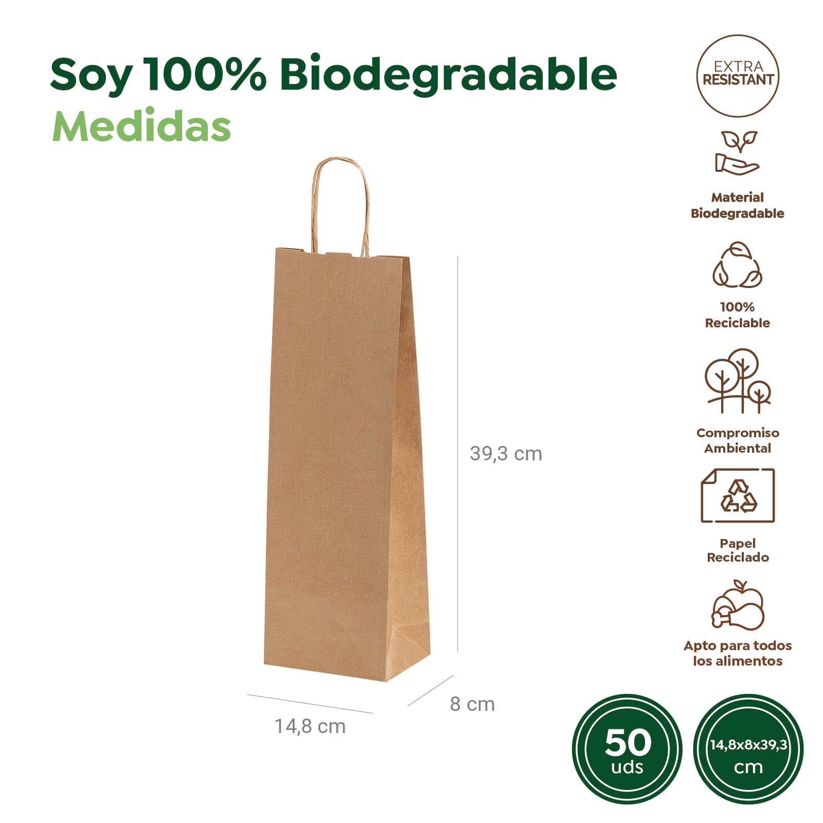 Bolsa Papel Kraft 14.8 x 8 x 39.3 cm con Asa Rizada