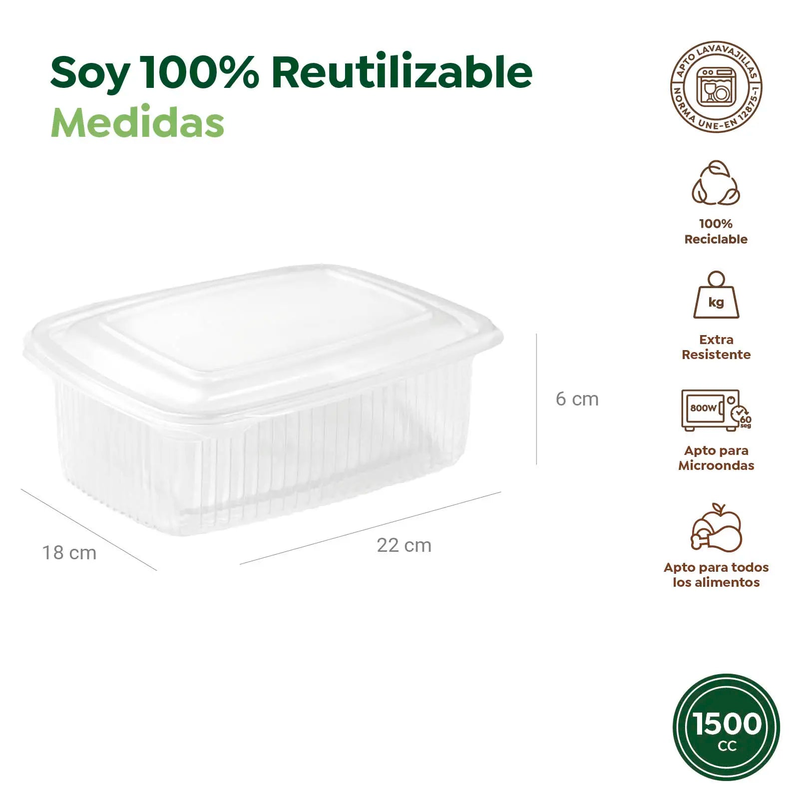 Envase Rectangular Reutilizable Tapa Bisagra 1500cc Transparente 250 Uds