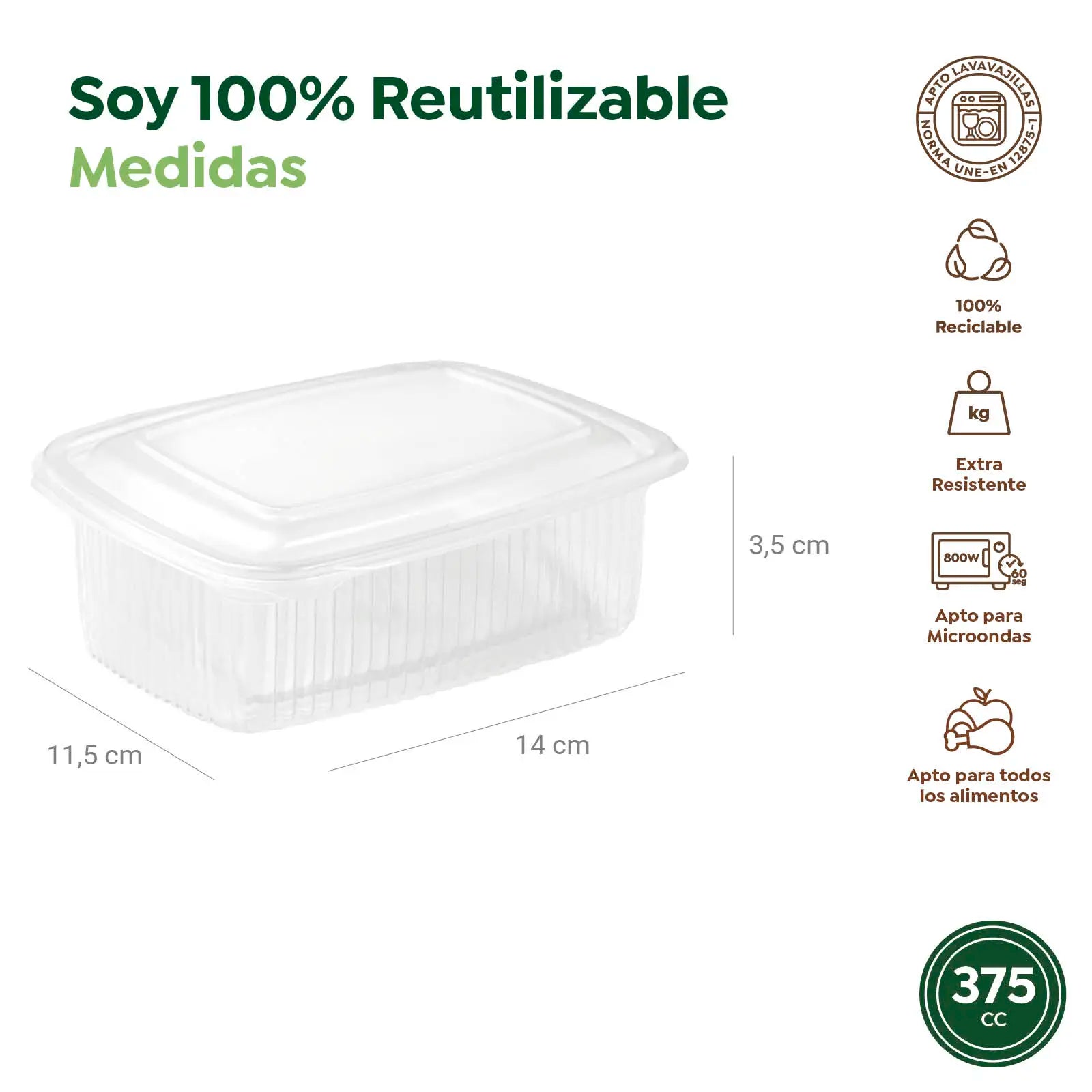 Envase Rectangular Reutilizable Tapa Bisagra 375 cc Transparente 600 Uds