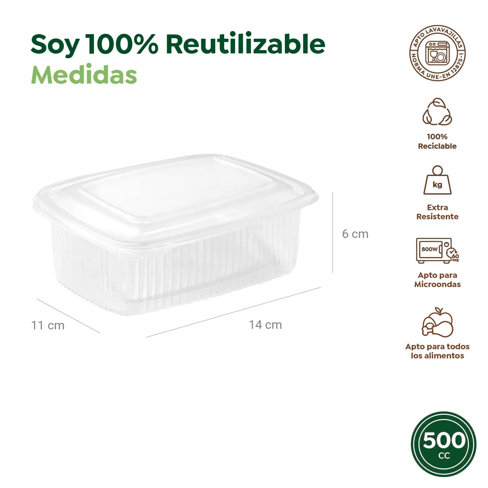 Envase Rectangular Reutilizable Tapa Bisagra 500cc Transparente 600 Uds