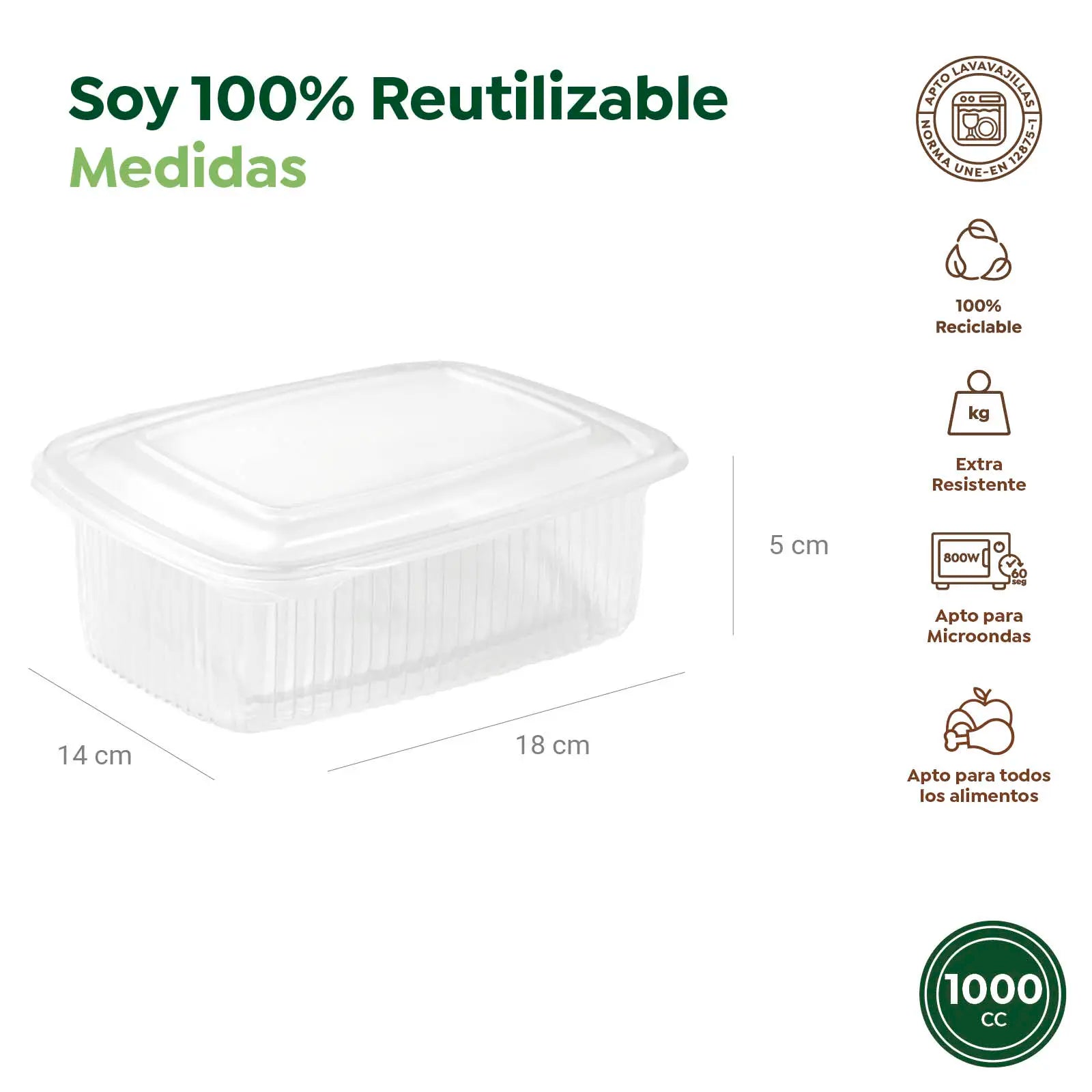 Envase Rectangular Reutilizable Tapa Bisagra 1000 cc Transparente 400 Uds