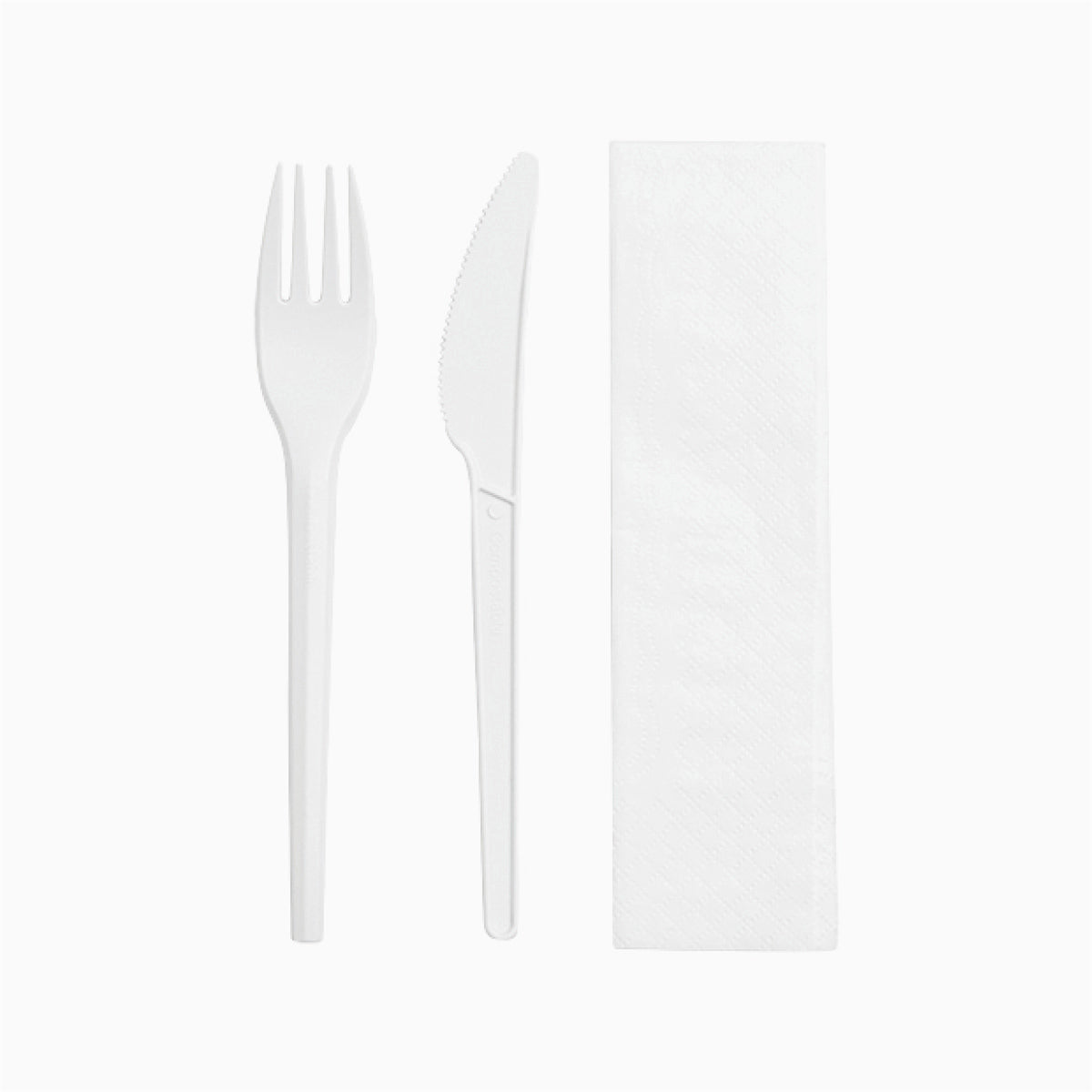 Set Servilleta, Cuchillo y Tenedor Compostable 16 cm Blanco